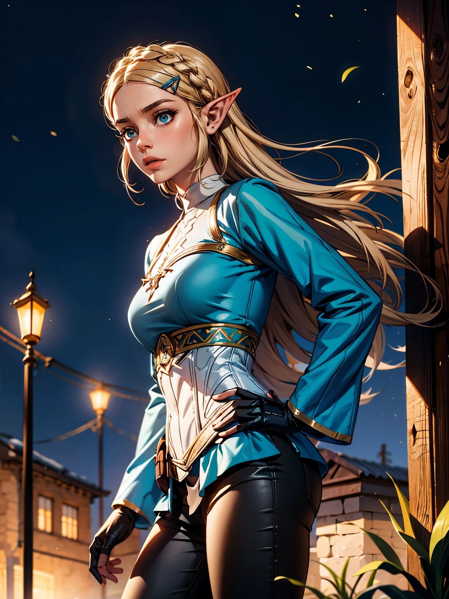 masterpiece, best quality, highres, aazelda, Princess_Zelda, long hair, crown braid, hairclip, pointy ears, blue shirt, long sleeves, fingerless gloves, black gloves, black pants, tight pants, night, standing, cowboy shot, outdoors, hand on hip,