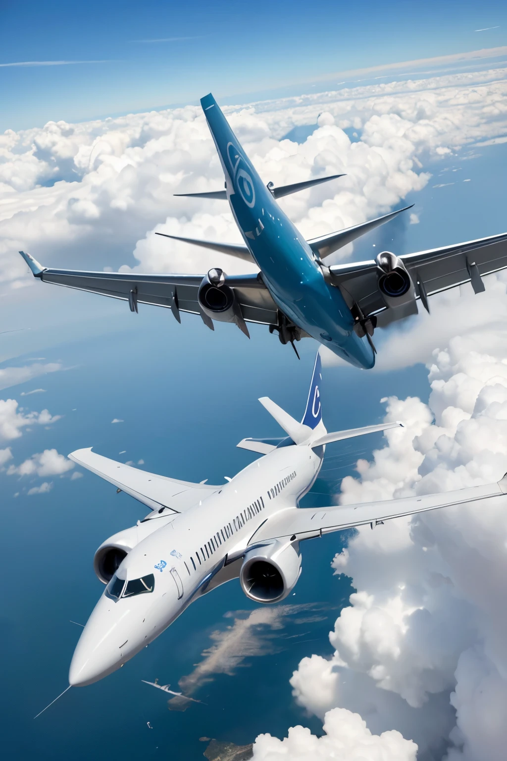737 airplane in the process of flying at a high altitude. The plane's body is painted in the classic Boeing livery with white dominating the exterior. The wings are spread wide, catching the wind, and the engine exhausts emit trails of white smoke in the clear blue sky. The cockpit windshield reflects the sun's rays, creating a glare that adds to the airplane's grandeur. Inside, the cabin is filled with passengers wearing seatbelts, looking out of the window with fascination as they fly over the clouds. The Boeing 737 is a top-quality aircraft, with anatomically correct details, textured skin, and superb engine