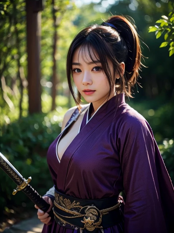 RAW photo, 8K portrait, authentic, masterpiece, best quality, official art, highly detailed, highly saturated, samurai girl, slim body, one girl, weapon, sword, medium bob, one hand holding sword, sword grip, arm guard, smiling looking at camera, brushing hair back, floating hair, beautiful 25 year old Japanese woman, pale skin, double eyelids, wearing black and purple ninja outfit, kimono, hanfu, combat, ninja silhouette, plump cleavage, action packed, forest background, intricate facial details, intricate handcrafted details