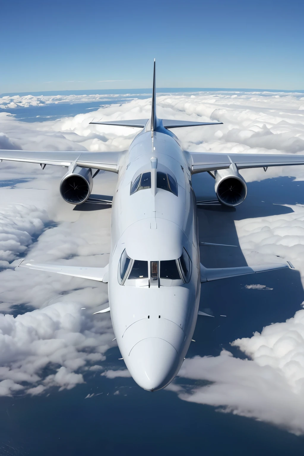 737 airplane in the process of flying at a high altitude. The plane's body is painted in the classic Boeing livery with white dominating the exterior. The wings are spread wide, catching the wind, and the engine exhausts emit trails of white smoke in the clear blue sky. The cockpit windshield reflects the sun's rays, creating a glare that adds to the airplane's grandeur. Inside, the cabin is filled with passengers wearing seatbelts, looking out of the window with fascination as they fly over the clouds. The Boeing 737 is a top-quality aircraft, with anatomically correct details, textured skin, and superb engine