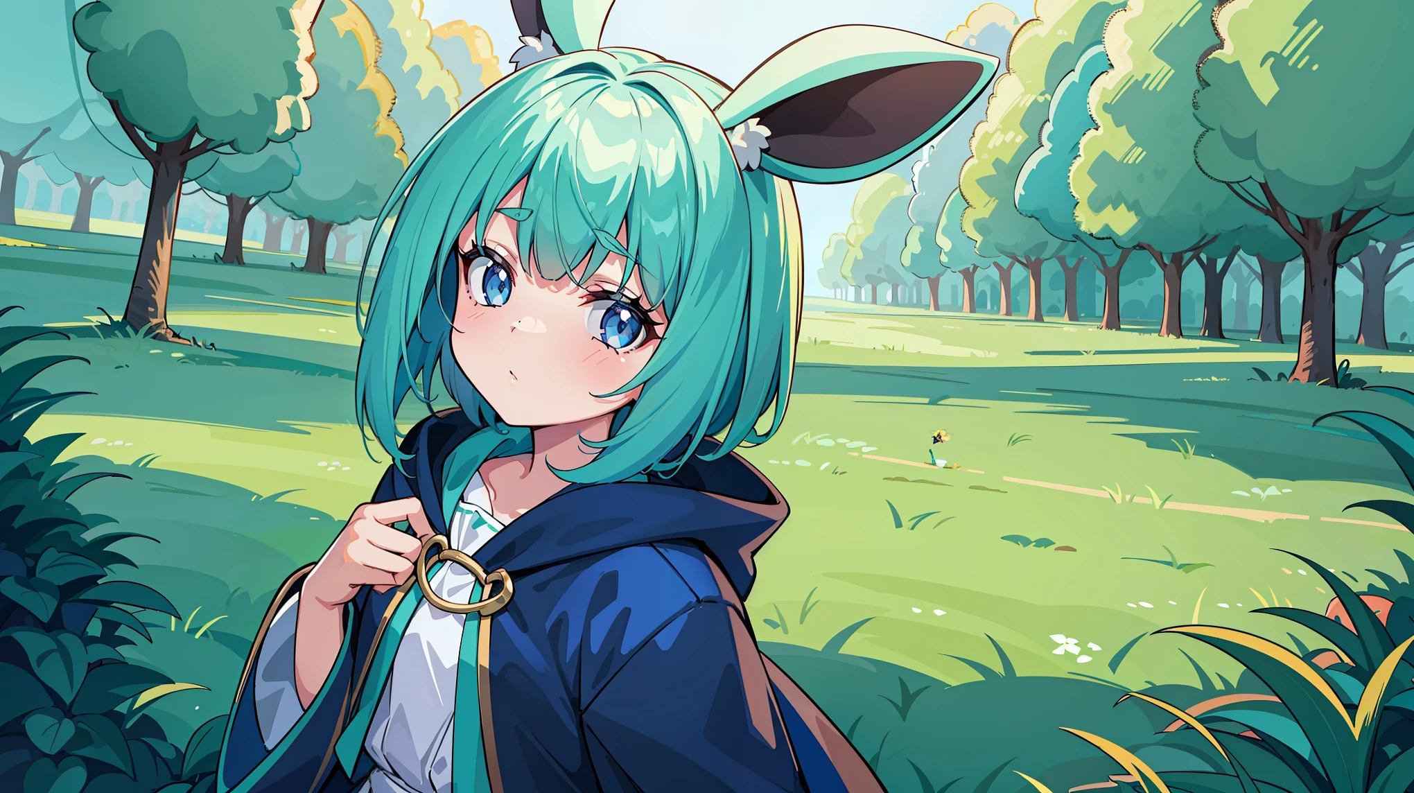 alta qualidade, obra-prima (Uma adolescente, duende) princesa. coroa pequena. Cara carrancuda fofa, cabelo loiro. blue eyes – green hunting cloak. Nos arredores da floresta.
