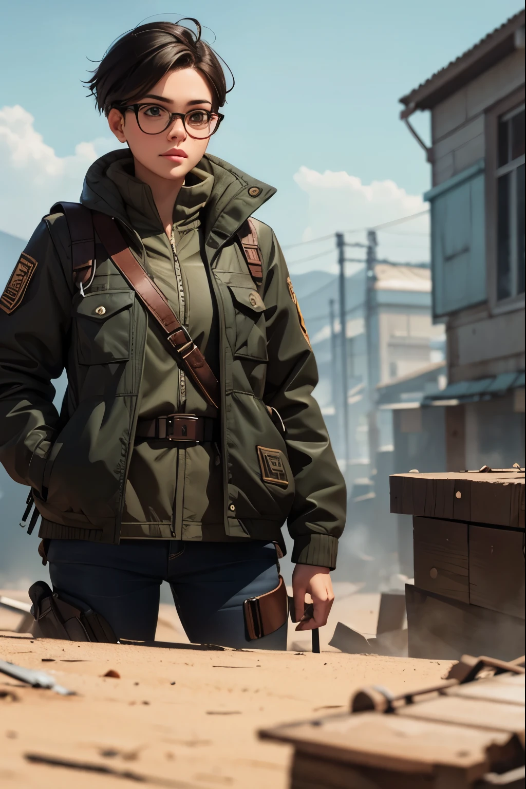 a pretty girl messenger, wearing large glasses, undercut hair, wearing postal uniform, in a post-apocalyptic world