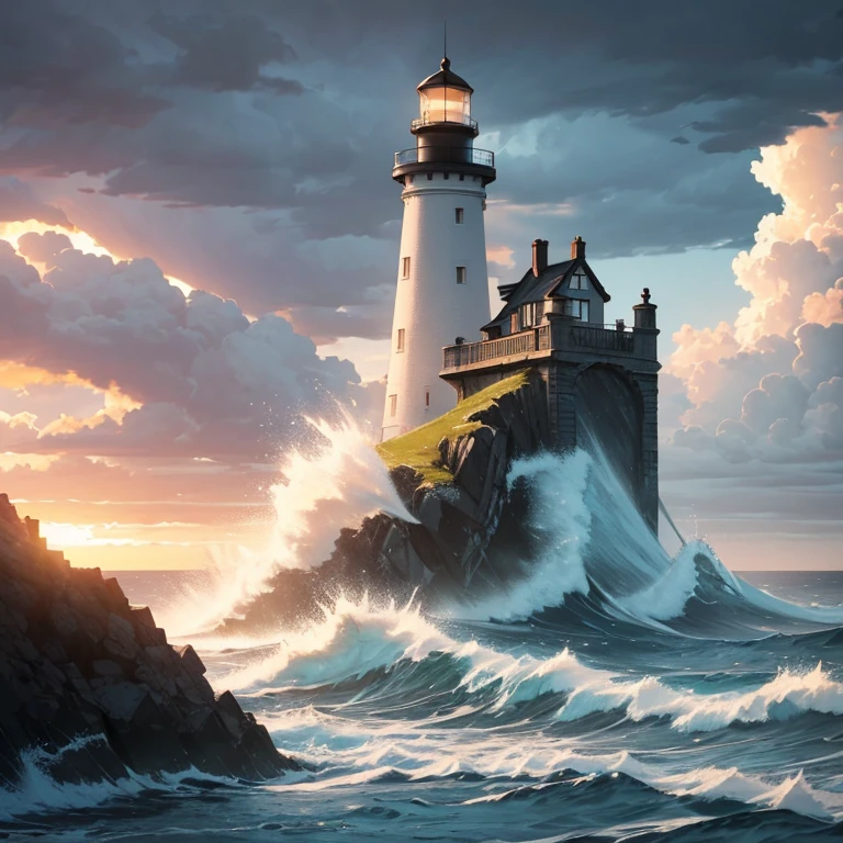 Imagine a coastal landscape at sunset, where an imposing lighthouse dominates the left side of the image. The sky is turbulent, filled with ominous clouds that appear poised to release their torrents at any moment. Yet, despite the impending storm, rays of sunlight filter through the clouds, casting a golden glow on the churning sea. The powerful waves relentlessly crash against the rocks near the lighthouse, creating an atmosphere of turmoil and raw power. Capture the beauty and intensity of this moment using an aquarelle style, emphasizing the contrasts between light and dark, tranquility and storm.

This aquarelle painting showcases an imposing l