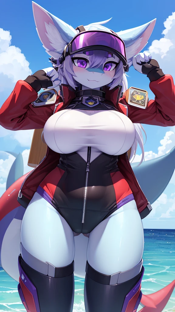 ((best quality, Masterpiece, perfect anatomy, Detailed pictures)), 1 female, arctic protogen, shark girl, Long visor, purple visor, purple eyes, sexy body, Big Pong, big breasts, Future military clothing, Shark tail, red red, shy, in the sea, front view