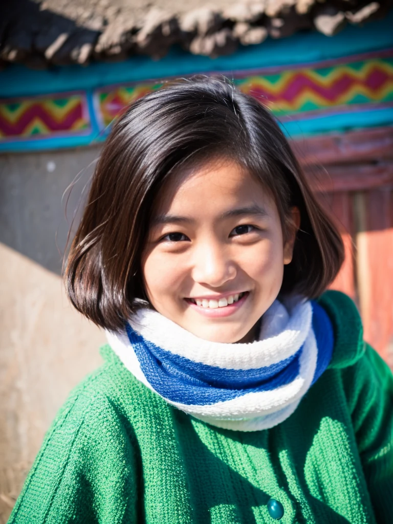 Bright Tibetan girl, , bright light, peak of the Himalayas, plump, smiling, 4K.