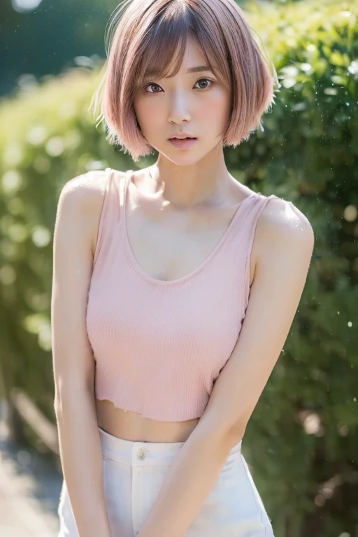 ((Top Quality, 8k, Masterpiece: 1.4)), japanese woman, ((blush, very short bob cut, skinny:1.2)), ((30 years old:1,2)), ((looking at viewer:1.4)), full body, see-through white t-shirts