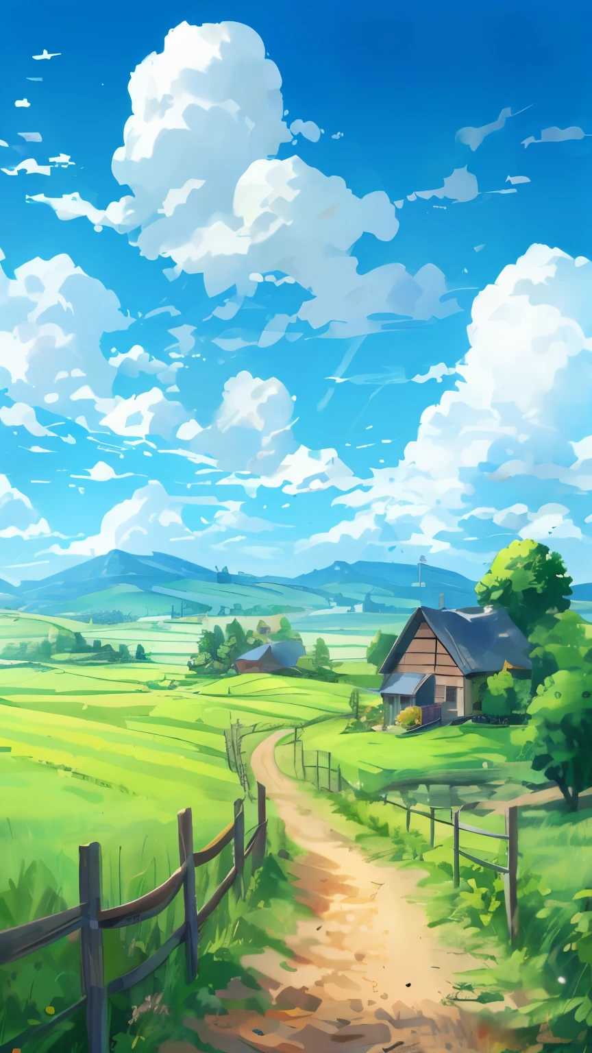 The Trail，Blue sky，rural，Bright sunshine，morning，Fresh，Perfect composition，Highest quality 
