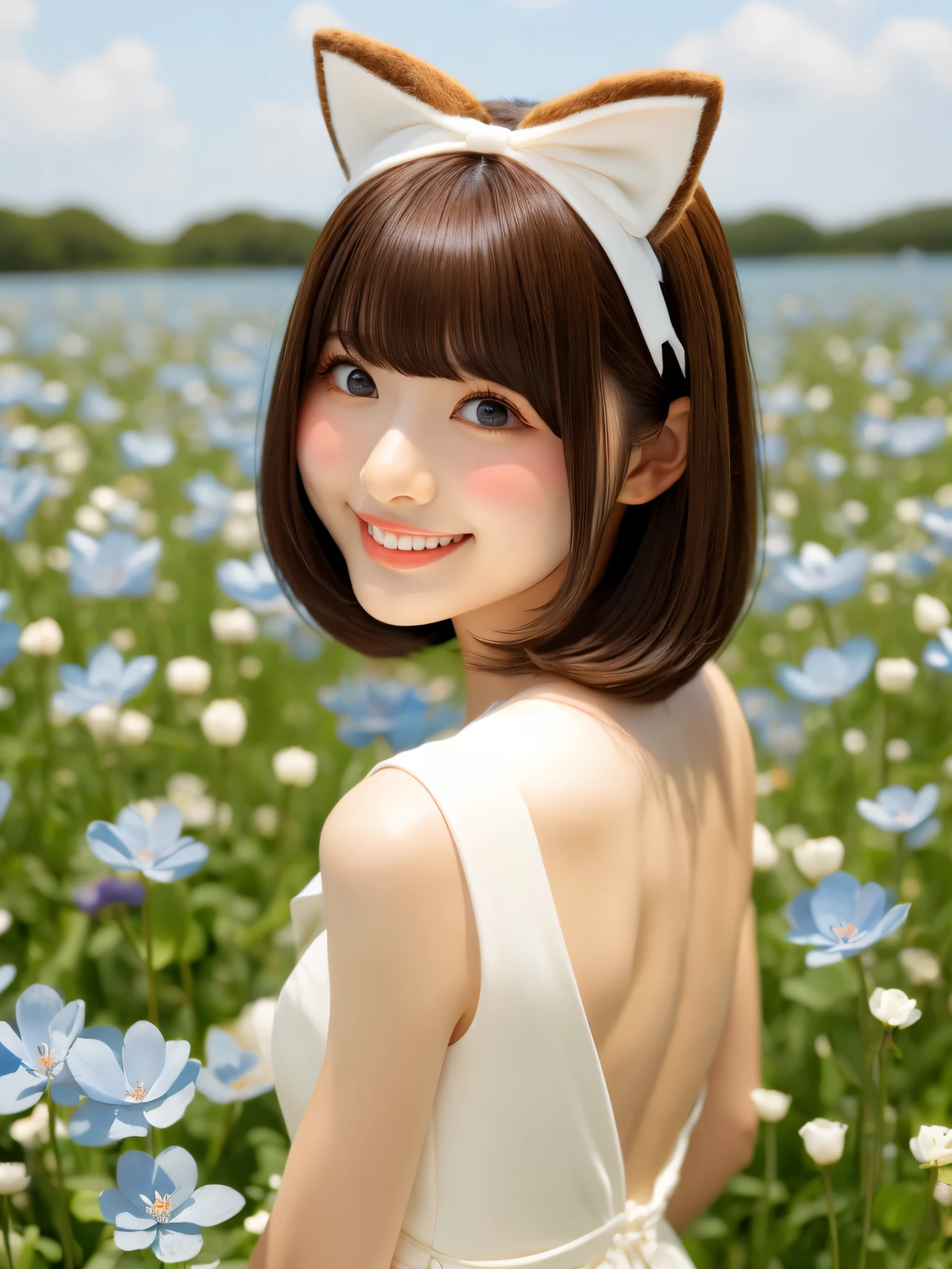 8k, highest quality, masterpiece, Realistic, Super detailed, photo Realistic, Improvement of quality, A photo of a girl in a white dress standing in a field of nemophila,Beautiful and delicate portrait of a playful cute girl with boyish short hair, Cat ears on the head、Dancing Petals,  Good style, Photobash, Calm face, Show me your white teeth, The best smile, Natural Beauty,Squint your eyes and smile,god rays, backlighting,