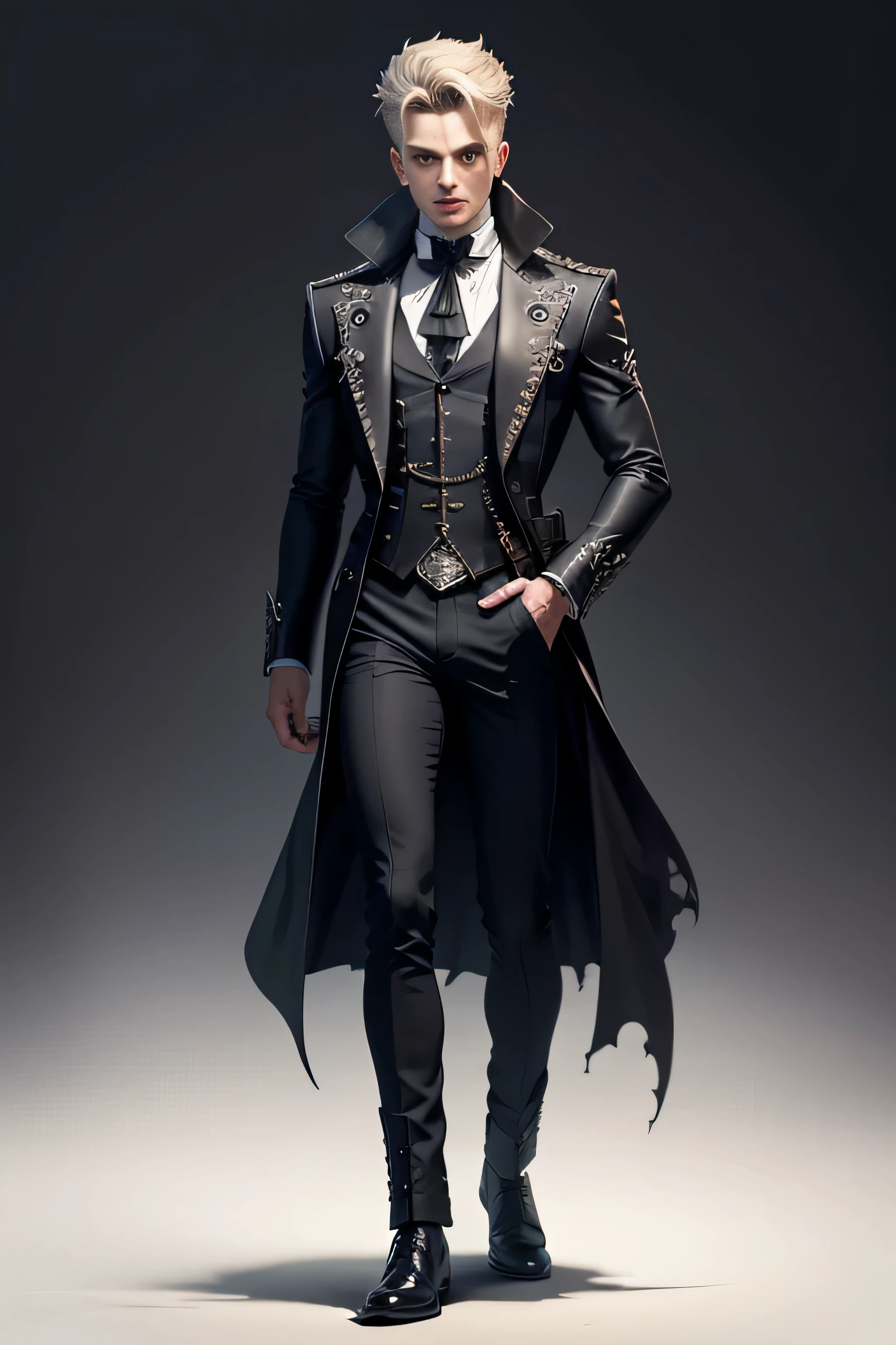 Create an extravagant full-body portrayal of a guy in Gothic style, emphasizing the "guy" theme. The design should feature Gothic elements such as lace, ribbons, and Victorian details, showcasing an elegant and intricate style. Utilize a color palette of black, white, and pastel tones to capture the unique Gothic aesthetic. The design must be eye-catching, with the guy centered in the image against a white background. She should fit well within the space, ensuring she does not touch the edges of the canvas. No text should be included in the image.