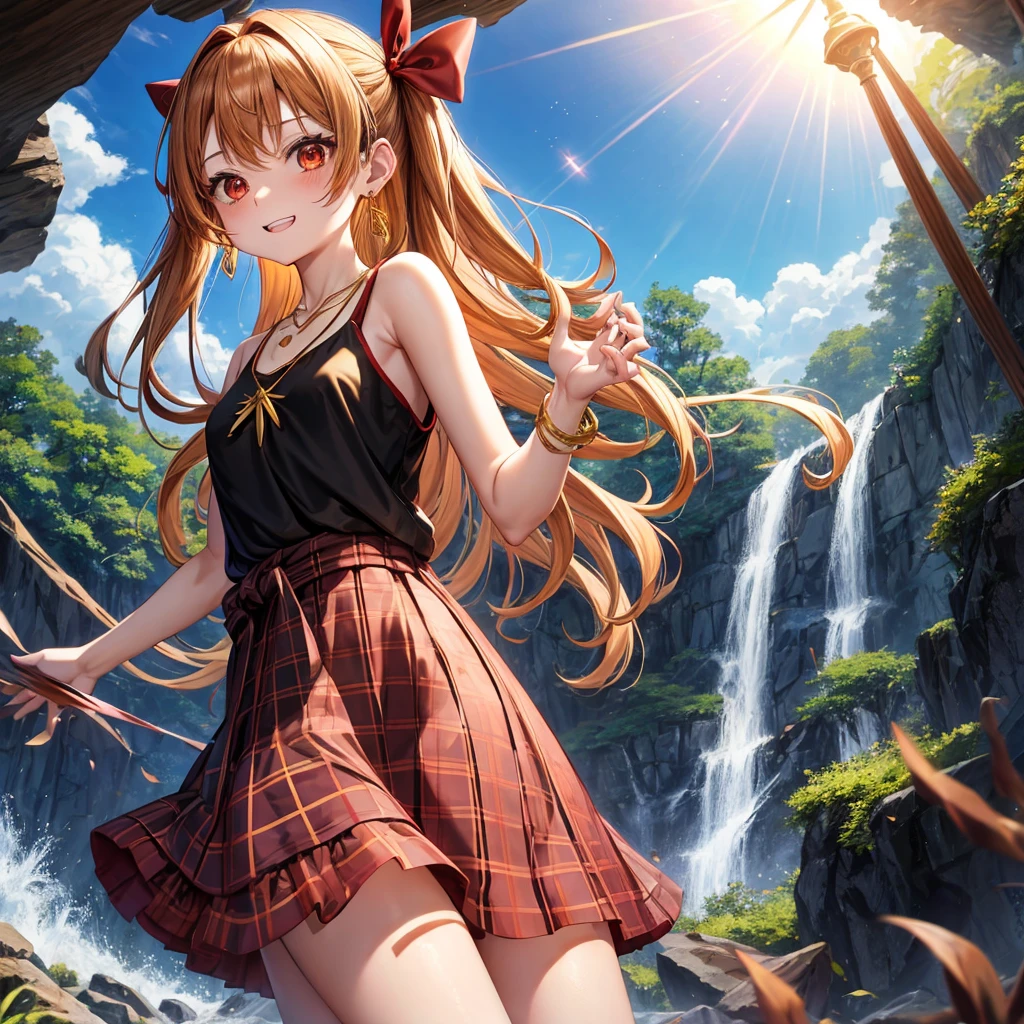 Brown, red, gold, golden hair、Red eyes、One good looking girl、solo、anime、Checkered mini skirt、Black camisole、Black T-shirt、hoodie、Wearing a ribbon、Ribbon on waist、Crystal Earrings、Gemstone Necklace、Light and shadow、Tilting face、Teeth are visible、waterfall、Kuroko、tunnel、pylon、Sunset sky、Towering、frilled lizard、light、flash、Barrel
