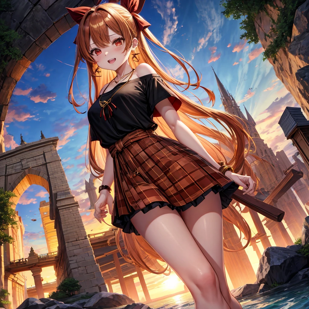 Brown, red, gold, golden hair、Red eyes、One good looking girl、solo、anime、Checkered mini skirt、Black camisole、Black T-shirt、hoodie、Wearing a ribbon、Ribbon on waist、Crystal Earrings、Gemstone Necklace、Light and shadow、Tilting face、Teeth are visible、waterfall、Kuroko、tunnel、pylon、Sunset sky、Towering、frilled lizard、light、flash、Barrel