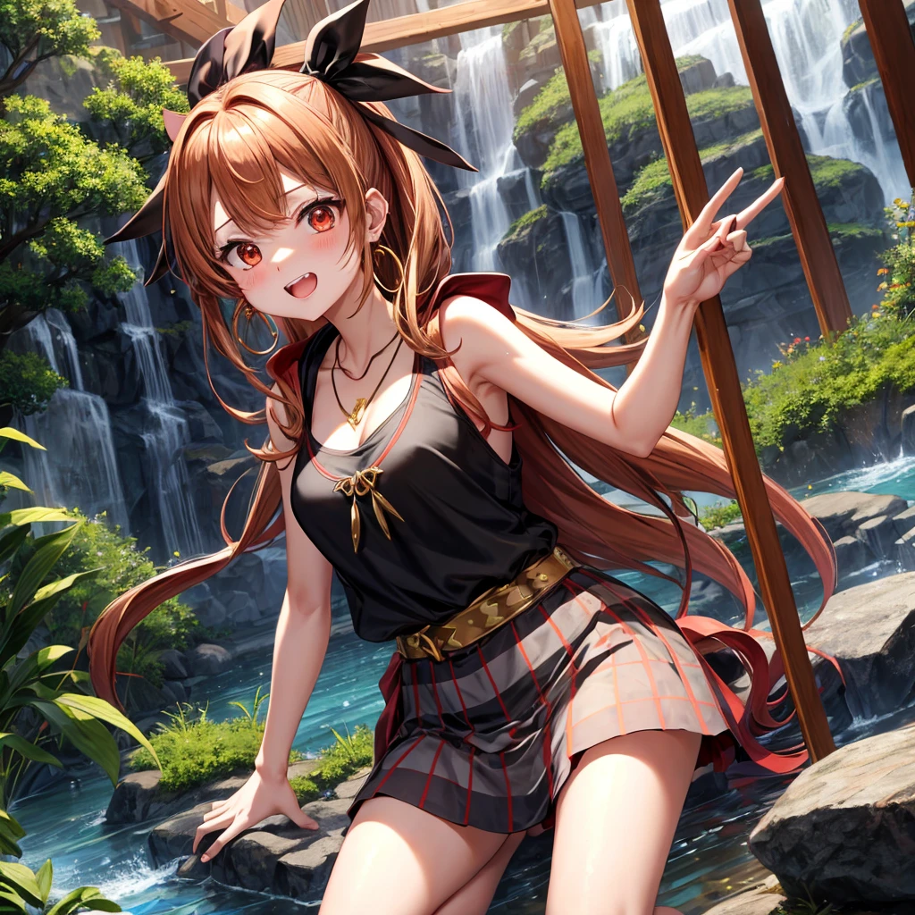 Brown, red, gold, golden hair、Red eyes、One good looking girl、solo、anime、Checkered mini skirt、Black camisole、Black T-shirt、hoodie、Wearing a ribbon、Ribbon on waist、Crystal Earrings、Gemstone Necklace、Light and shadow、Tilting face、Teeth are visible、waterfall、Kuroko、tunnel、pylon、Sunset sky、Towering、frilled lizard、light、flash、Barrel