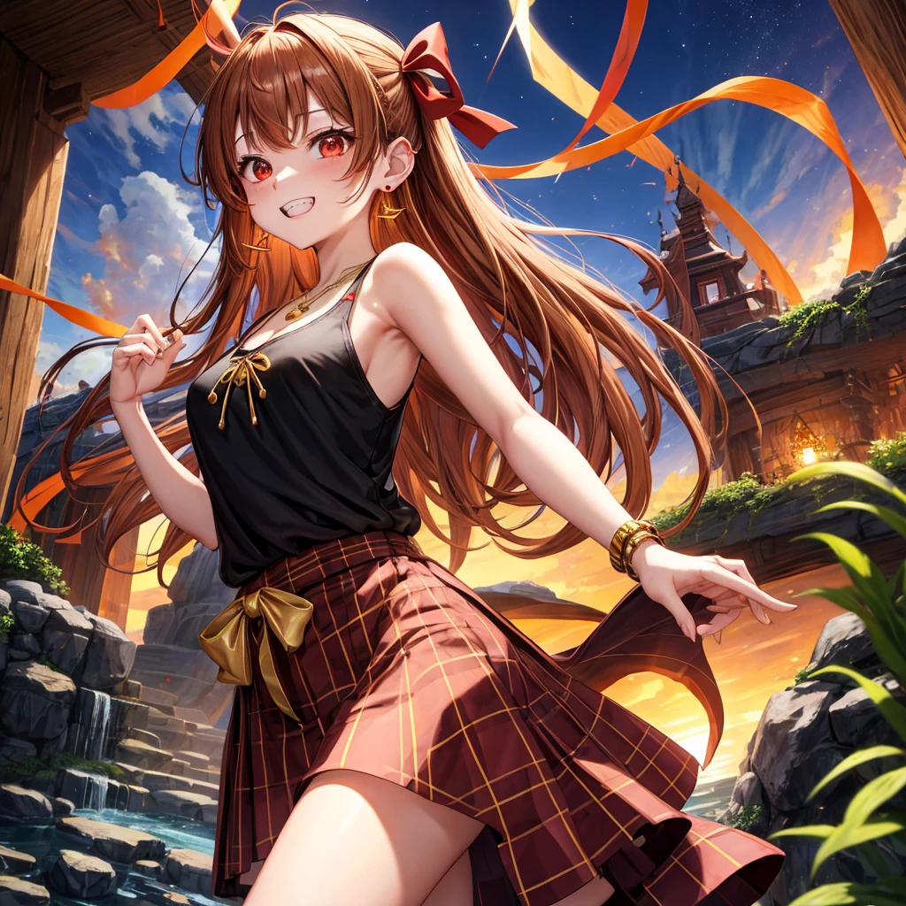 Brown, red, gold, golden hair、Red eyes、One good looking girl、solo、anime、Checkered mini skirt、Black camisole、Black T-shirt、hoodie、Wearing a ribbon、Ribbon on waist、Crystal Earrings、Gemstone Necklace、Light and shadow、Tilting face、Teeth are visible、waterfall、Kuroko、tunnel、pylon、Sunset sky、Towering、frilled lizard、light、flash、Barrel