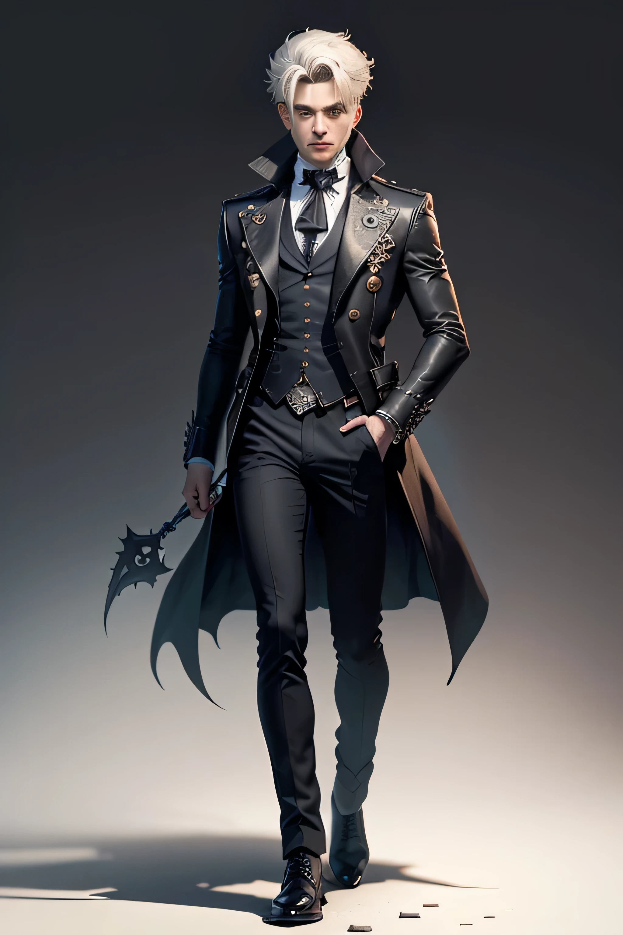 Create an extravagant full-body portrayal of a guy in Gothic style, emphasizing the "guy" theme. The design should feature Gothic elements such as lace, ribbons, and Victorian details, showcasing an elegant and intricate style. Utilize a color palette of black, white, and pastel tones to capture the unique Gothic aesthetic. The design must be eye-catching, with the guy centered in the image against a white background. She should fit well within the space, ensuring she does not touch the edges of the canvas. No text should be included in the image.