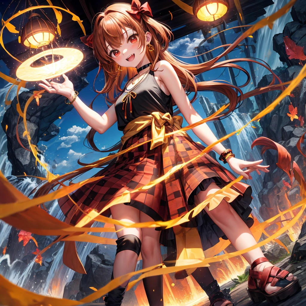Brown, red, gold, golden hair、Red eyes、One good looking girl、solo、anime、Checkered mini skirt、Black camisole、Black T-shirt、hoodie、Wearing a ribbon、Ribbon on waist、Crystal Earrings、Gemstone Necklace、Light and shadow、Tilting face、Teeth are visible、waterfall、Kuroko、tunnel、pylon、Sunset sky、Towering、frilled lizard、light、flash、Barrel