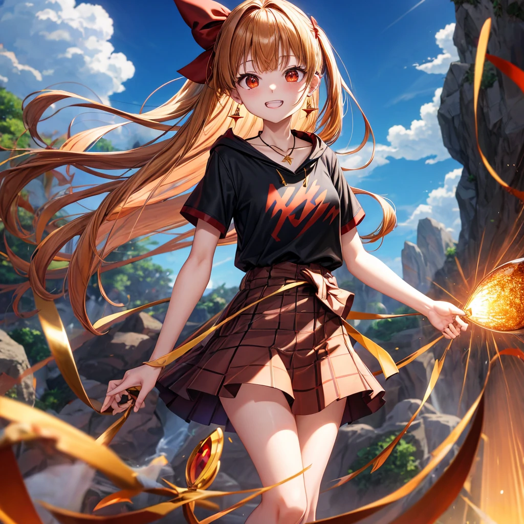 Brown, red, gold, golden hair、Red eyes、One good looking girl、solo、anime、Checkered mini skirt、Black camisole、Black T-shirt、hoodie、Wearing a ribbon、Ribbon on waist、Crystal Earrings、Gemstone Necklace、Light and shadow、Tilting face、Teeth are visible、waterfall、Kuroko、tunnel、pylon、Sunset sky、Towering、frilled lizard、light、flash、Barrel