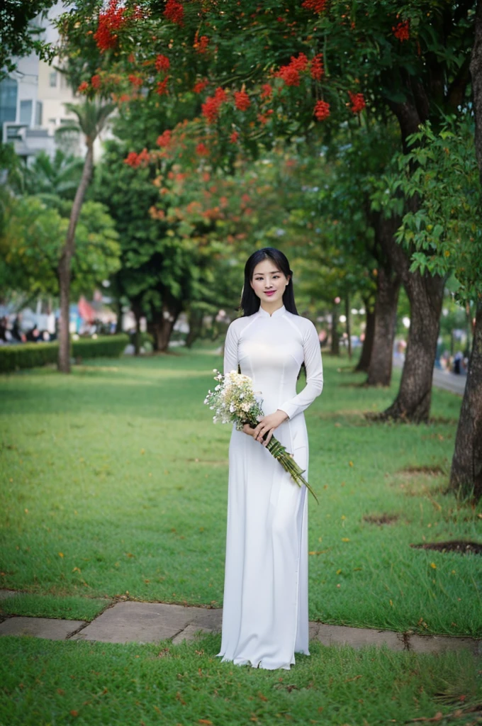 A beautiful Asian girl wearing Vietnamese ao dai, reposing on grass in a flower garden, smirking, showcasing medium size breasts, thighs, lower underwear.