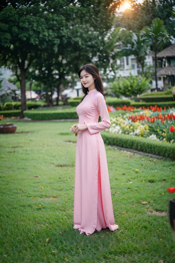 A beautiful Asian girl wearing Vietnamese ao dai, reposing on grass in a flower garden, smirking, showcasing medium size breasts, thighs, lower underwear.