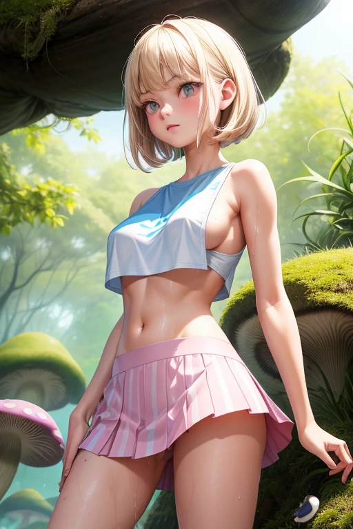 Realistic, 1girl, cute, , , slender, round face shape with angular jaw, blonde with bangs, grey eyes, shoulderless crop top, sideboob, picking wet pink colorful mushrooms in a celestial forest, sunshine, stripe socks, pink micro skirt, horny touch, windy, open legs