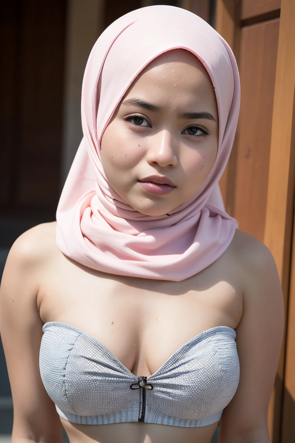 ((Chubby:1.6)), ((Flat Chest)), Naked, Angry pose, Angry face, (((HIJAB MALAY GIRL))), masutepiece, High quality, UHD 45K, Realistic face, Realistic skin feeling , A Malaysia Lady, 19 years old, , Very cute and baby-like face, (((FLAT CHEST))), (MATRIX WORLD), ((look In front  at the camera and SADNESS)), ((())), (((CUTE GIRL))), ((WHITE PASTEL LIPS)), ((WEARING STRAPLESS PASTEL)), ((CHUBBY)), ((UNDRESS)). Brown, Flat Chest,  