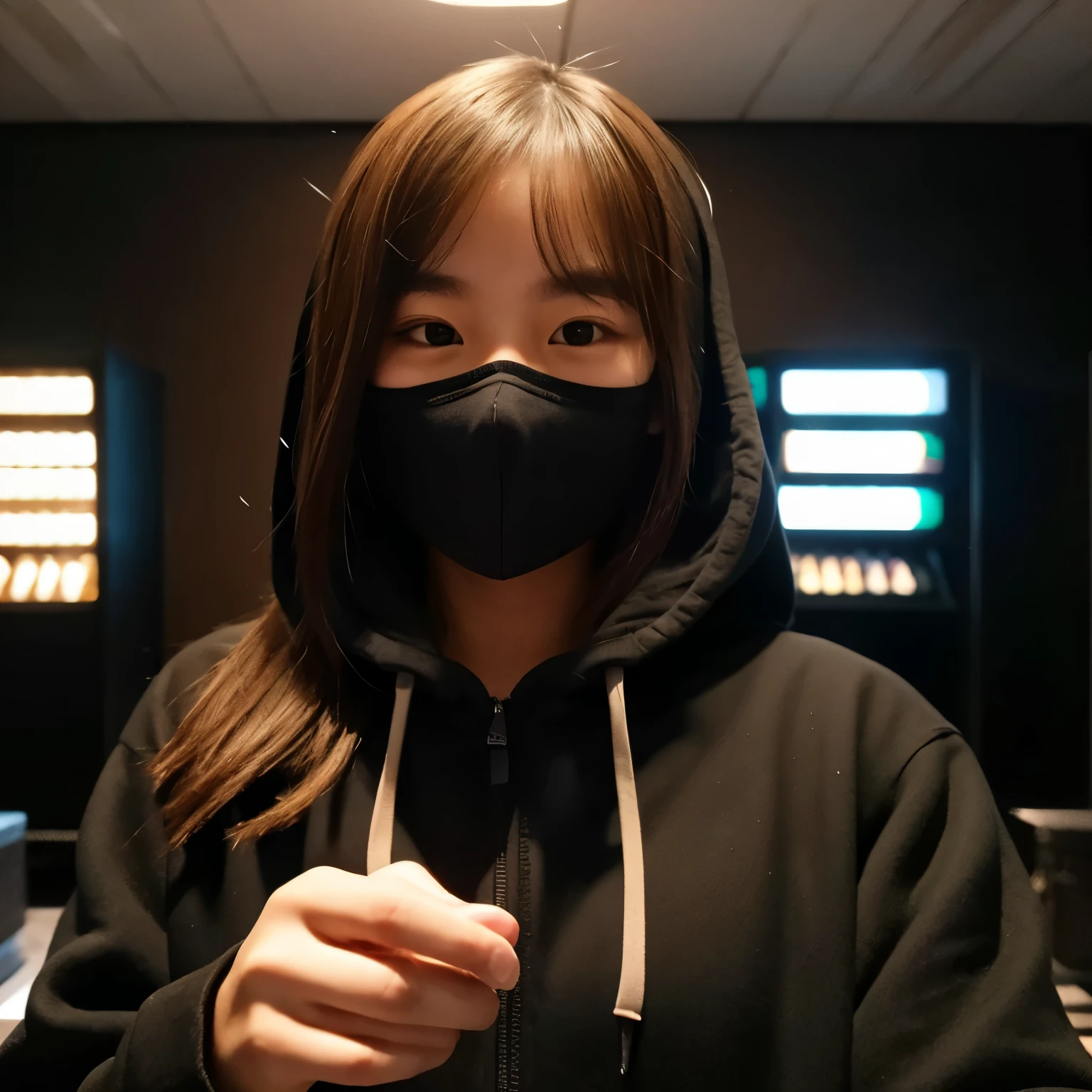 Dark room, black hoodie, selfie, brown hair, young Asian girl, perfectly drawn hands,happy,black mask