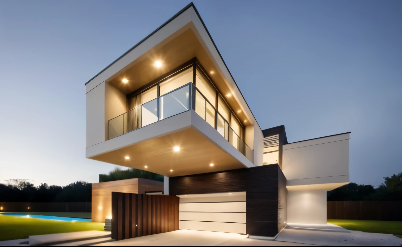 a view of a modern home with a large front yard, main material by white wall and stone and wood, 1 road runs in front of the house, (RAW photo, real, best quality, masterpiece:1.2), look morden minimalist, 1 road in front of the house, shime ring light, light brighteness from indoor:1.2, dynamic lighting:1.3, (hyper realistic, photo-realistic:1.2), high quality, day lighht, hight contrast :0.5 perfect lighting, archdaily, award winning contemporary, contemporary masterpiece, well-designed masterpiece, large modern residence, neotraditional modern, wide angle exterior 2022, midcentury modern, contemporary house, hip modern vibe, a long-shot from front, award winning modern design, stunning lines, residential, subtle detailing,Green tree in front of the house,There is a large, ((modern swimming pool in front of the house)), sunset light
