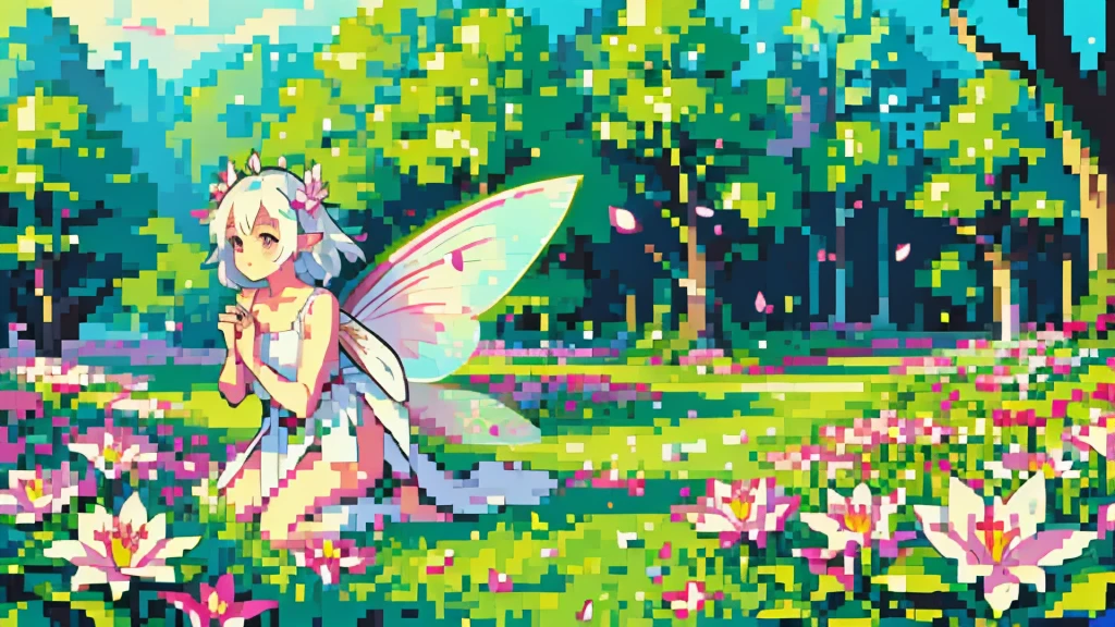 girl, solo, fairy, fairy wings, elf ears, pink flower, green, enchanted forest, firefly, petals, flower, outdoors, falling petals, white hair, black eyes, morning light, soft light, pixel art