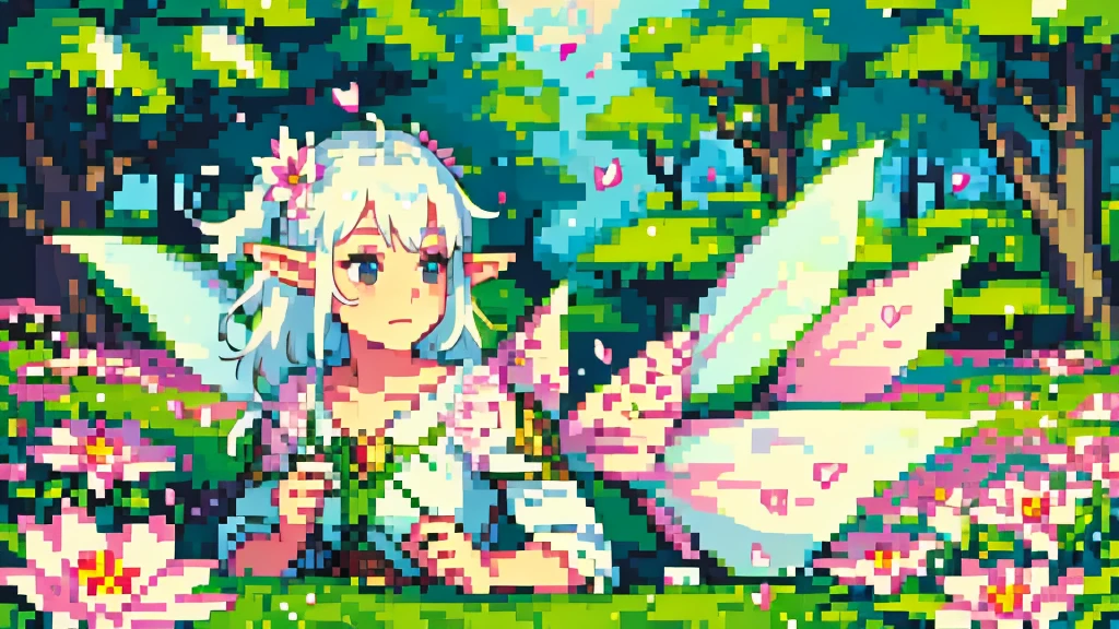 girl, solo, fairy, fairy wings, elf ears, pink flower, green, enchanted forest, firefly, petals, flower, outdoors, falling petals, white hair, black eyes, morning light, soft light, pixel art