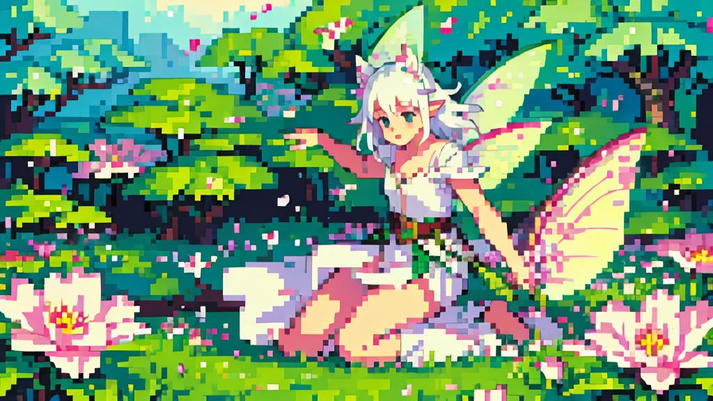 girl, solo, fairy, fairy wings, elf ears, pink flower, green, enchanted forest, firefly, petals, flower, outdoors, falling petals, white hair, black eyes, morning light, soft light, pixel art