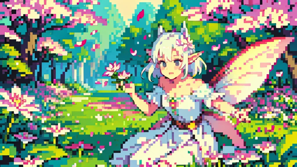 girl, solo, fairy, fairy wings, elf ears, pink flower, green, enchanted forest, firefly, petals, flower, outdoors, falling petals, white hair, black eyes, morning light, soft light, pixel art