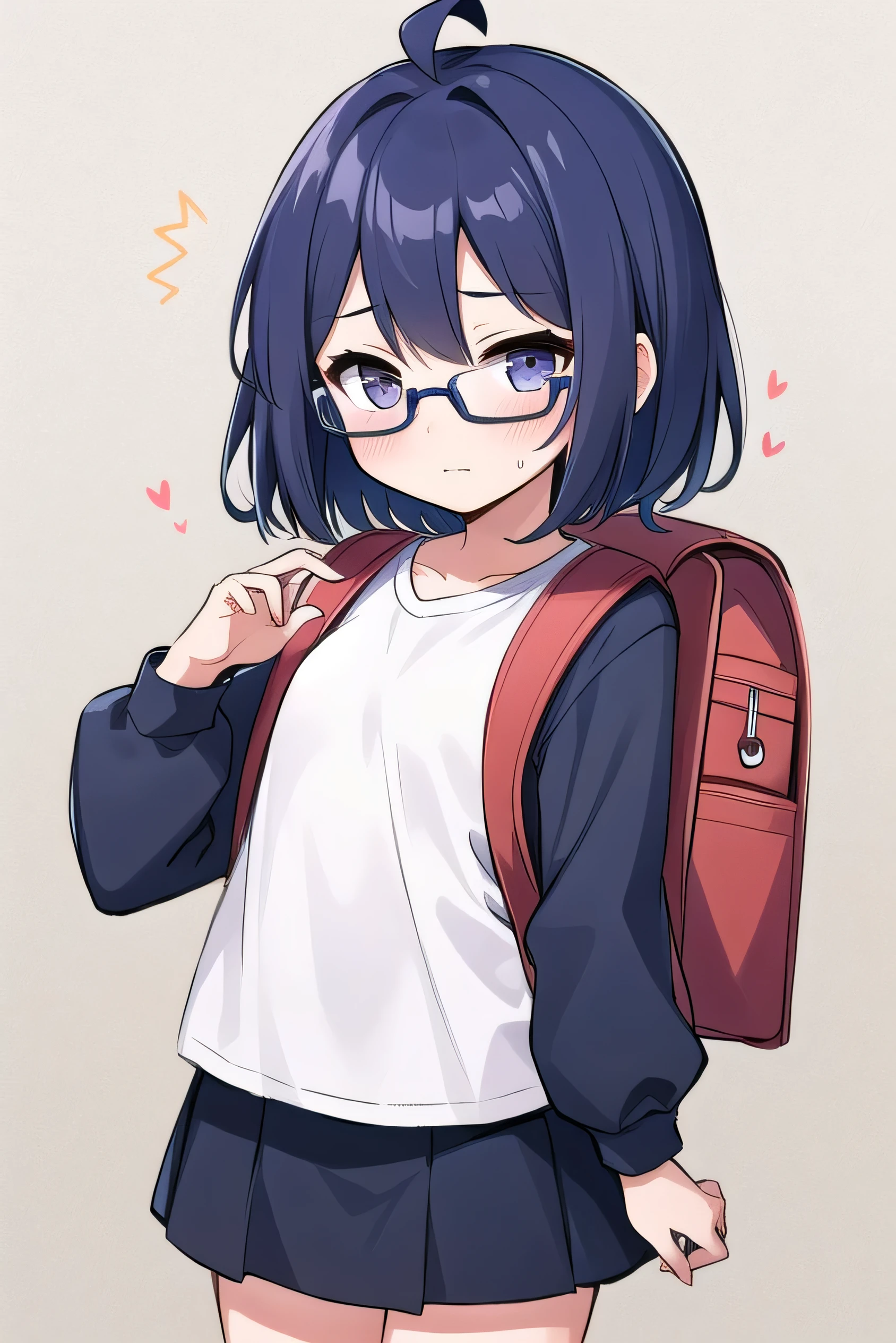 Purple hair, gray eyes, white , navy blue miniskirt, , short, short long hair, kind expression, shy, backpack, almost no breasts, slightly exposed. hair,(flipped hair ), flipped hair, long sleeves, ahoge, girl alone, flipped hair, flipped hair, flipped hair, flipped hair, glasses with no edges, embarrassed, flat chest