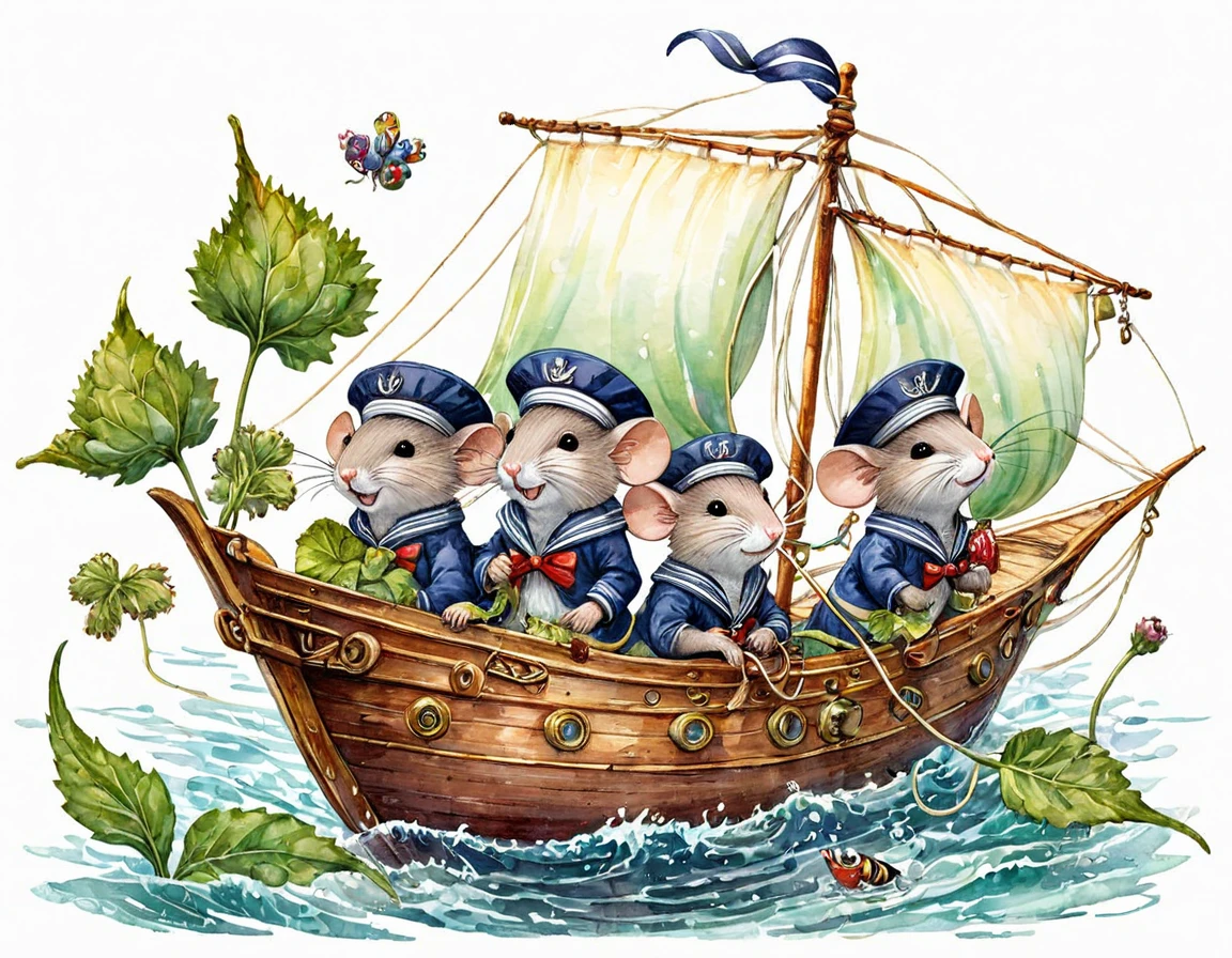 Watercolor illustration for a children's book featuring a whimsical ship from dostochka adorned with burdock leaf sails, populated by four endearing mice donning sailor caps aboard, designed in a childish style with bright, joyful colors, trending on ArtStation, sharp focus, studio photo aesthetic, intricate details, highly detailed, in the fashion of Greg Rutkowski, shiny texture, ultra clear, vibrant palette