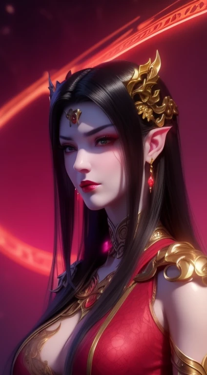 1 Very beautiful queen Medusa dressed in Hanfu, Thin red silk shirt,With many yellow patterns, Black lace top, Long hair dyed black, beautiful hair ornaments, Nice face beautiful and cute, Perfect face, Earring jewelry, Head and hair ornaments, Antique jewelry, Big red eyes, Sharp eye makeup, Fine makeup eyelashes, Thin eyebrows, High nose, Nice red lips, no smile, pursed lips, rosycheeks, Breast augmentation, Wide breasts, Big breasts, Well-proportioned breasts, Slim waist, Red mesh stockings with black lace, chinese hanfu style, Fictional art patterns, The colors are vivid and true to life, RAW photos, Realistic photos, ultra high quality 8k surreal photos, Cool photos, (Virtual light effects: 1.8), 10x pixel, Magic effects (Background): 1.8), Super detailed eyes, Beautiful girl body portrait, Girl Alone, ancient hanfu background, head straight-looking at viewer, Wide original photo, 8K quality, Super sharp, Detailed and clear pictures are best, Detailed light background,