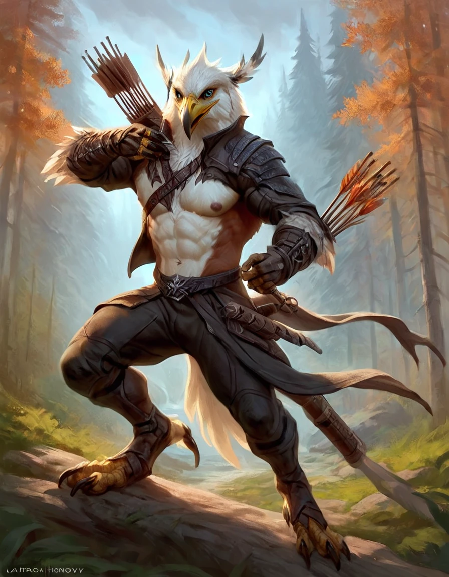 Eagle, comic book style, illustration, solo, ferocious, male, [[masculine pose]], leather outfit, exposed midriff, thin, talons, jacket, quiver, bow, forest, masterpiece, best art, full body, by laobai, by taran fiddler, by honovy, detailed eyes, detailed body, claws, masculine body shape, tall, topless, pecs, abs, nipples