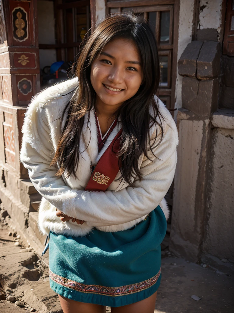 Bright Tibetan girl, , bright light, peak of the Himalayas, plump, smiling.