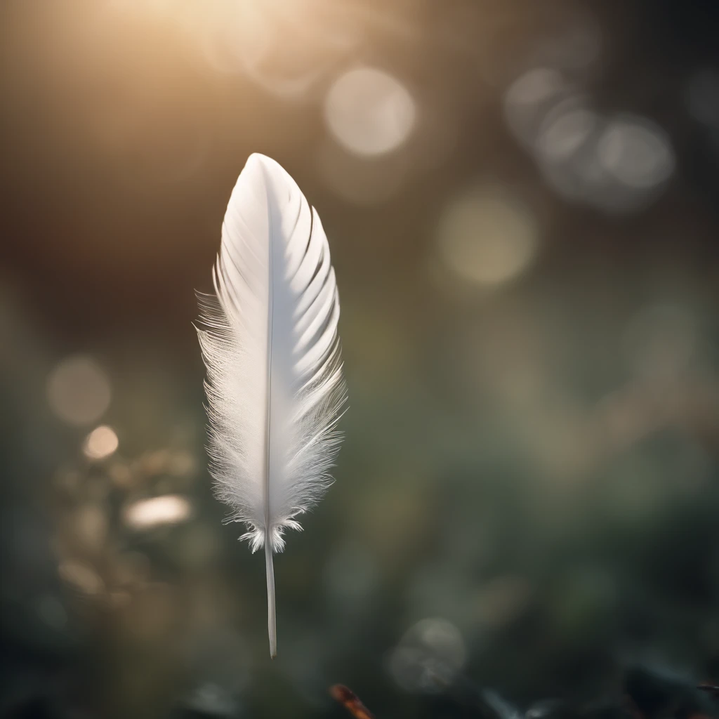 (best quality,4k,8k,highres,masterpiece:1.2),ultra-detailed,(realistic,photorealistic,photo-realistic:1.37), a single white feather floating in the air, abstract background with bokeh, vibrant, elaborate details