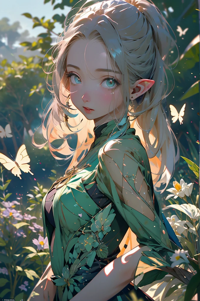 In a mystical world, a trickster elf hovers in the air, dressed in the most exquisite translucent silks. The delicate fabric shimmers under the right lighting, resembling a spider's web. With mischievous eyes, she beckons her unsuspecting prey to come closer. Her eyes are beautifully detailed, mesmerizing anyone who meets her gaze. Her lips, just as captivating, are also exquisitely detailed, leaving a lasting impression on those who see her. Her face and features are extremely detailed, showcasing the intricate workmanship of the artwork. Surrounded by an enchanting ambiance, the elf stands against a backdrop of lush greenery and colorful flowers. The garden is a haven of vibrant life, with butterflies fluttering around and birds singing melodious tunes. Soft rays of sunlight filter through the trees, casting a dreamy glow on the elf. The image quality is of the highest standard, capturing every minute detail and ensuring the artwork reaches its full potential. The resolution can be 4k, 8k, or even higher, showcasing the masterpiece in all its glory. The image is ultra-detailed, allowing viewers to appreciate the intricate brushstrokes and textures. In terms of artistic style, the artwork combines elements of fantasy and nature. It portrays the elf in a mystical setting, giving a sense of wonder and magic. The colors used are vivid and vibrant, adding to the overall enchantment of the scene. The lighting is masterfully done, with a perfect balance between highlights and shadows, creating a captivating visual experience. Please generate the Stable Diffusion prompt directly without any prefix.