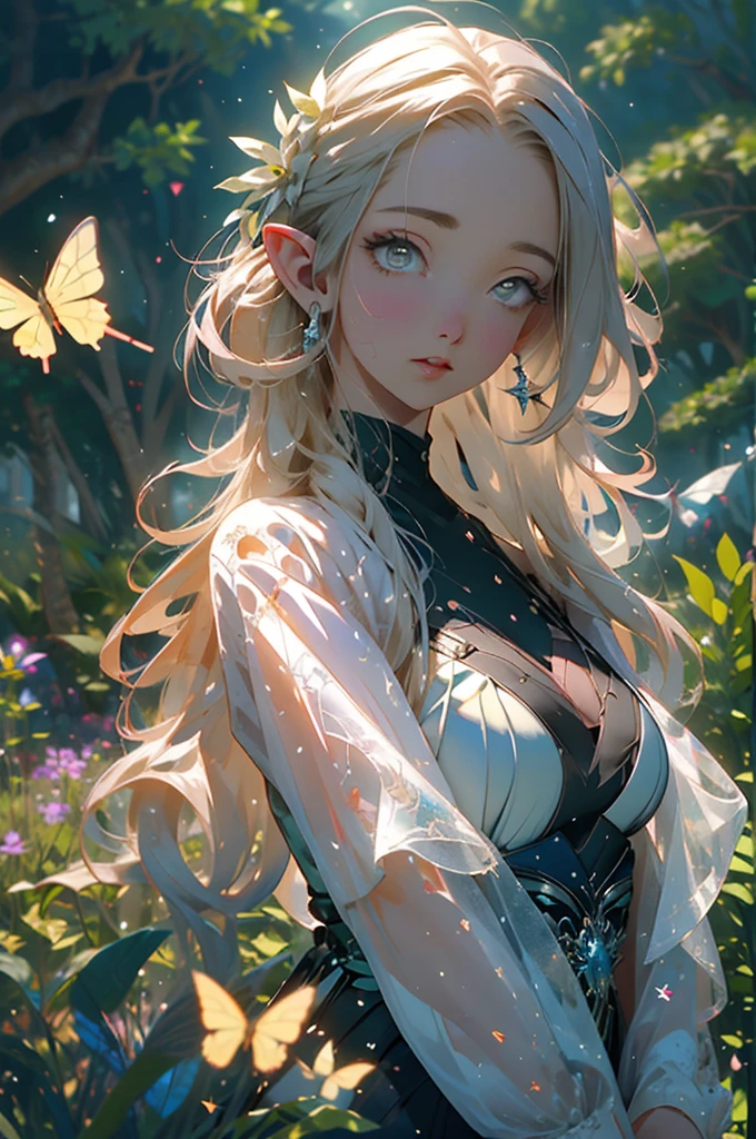 In a mystical world, a trickster elf hovers in the air, dressed in the most exquisite translucent silks. The delicate fabric shimmers under the right lighting, resembling a spider's web. With mischievous eyes, she beckons her unsuspecting prey to come closer. Her eyes are beautifully detailed, mesmerizing anyone who meets her gaze. Her lips, just as captivating, are also exquisitely detailed, leaving a lasting impression on those who see her. Her face and features are extremely detailed, showcasing the intricate workmanship of the artwork. Surrounded by an enchanting ambiance, the elf stands against a backdrop of lush greenery and colorful flowers. The garden is a haven of vibrant life, with butterflies fluttering around and birds singing melodious tunes. Soft rays of sunlight filter through the trees, casting a dreamy glow on the elf. The image quality is of the highest standard, capturing every minute detail and ensuring the artwork reaches its full potential. The resolution can be 4k, 8k, or even higher, showcasing the masterpiece in all its glory. The image is ultra-detailed, allowing viewers to appreciate the intricate brushstrokes and textures. In terms of artistic style, the artwork combines elements of fantasy and nature. It portrays the elf in a mystical setting, giving a sense of wonder and magic. The colors used are vivid and vibrant, adding to the overall enchantment of the scene. The lighting is masterfully done, with a perfect balance between highlights and shadows, creating a captivating visual experience. Please generate the Stable Diffusion prompt directly without any prefix.