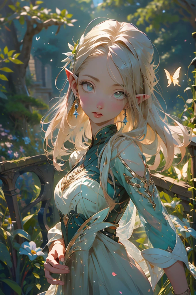 In a mystical world, a trickster elf hovers in the air, dressed in the most exquisite translucent silks. The delicate fabric shimmers under the right lighting, resembling a spider's web. With mischievous eyes, she beckons her unsuspecting prey to come closer. Her eyes are beautifully detailed, mesmerizing anyone who meets her gaze. Her lips, just as captivating, are also exquisitely detailed, leaving a lasting impression on those who see her. Her face and features are extremely detailed, showcasing the intricate workmanship of the artwork. Surrounded by an enchanting ambiance, the elf stands against a backdrop of lush greenery and colorful flowers. The garden is a haven of vibrant life, with butterflies fluttering around and birds singing melodious tunes. Soft rays of sunlight filter through the trees, casting a dreamy glow on the elf. The image quality is of the highest standard, capturing every minute detail and ensuring the artwork reaches its full potential. The resolution can be 4k, 8k, or even higher, showcasing the masterpiece in all its glory. The image is ultra-detailed, allowing viewers to appreciate the intricate brushstrokes and textures. In terms of artistic style, the artwork combines elements of fantasy and nature. It portrays the elf in a mystical setting, giving a sense of wonder and magic. The colors used are vivid and vibrant, adding to the overall enchantment of the scene. The lighting is masterfully done, with a perfect balance between highlights and shadows, creating a captivating visual experience. Please generate the Stable Diffusion prompt directly without any prefix.