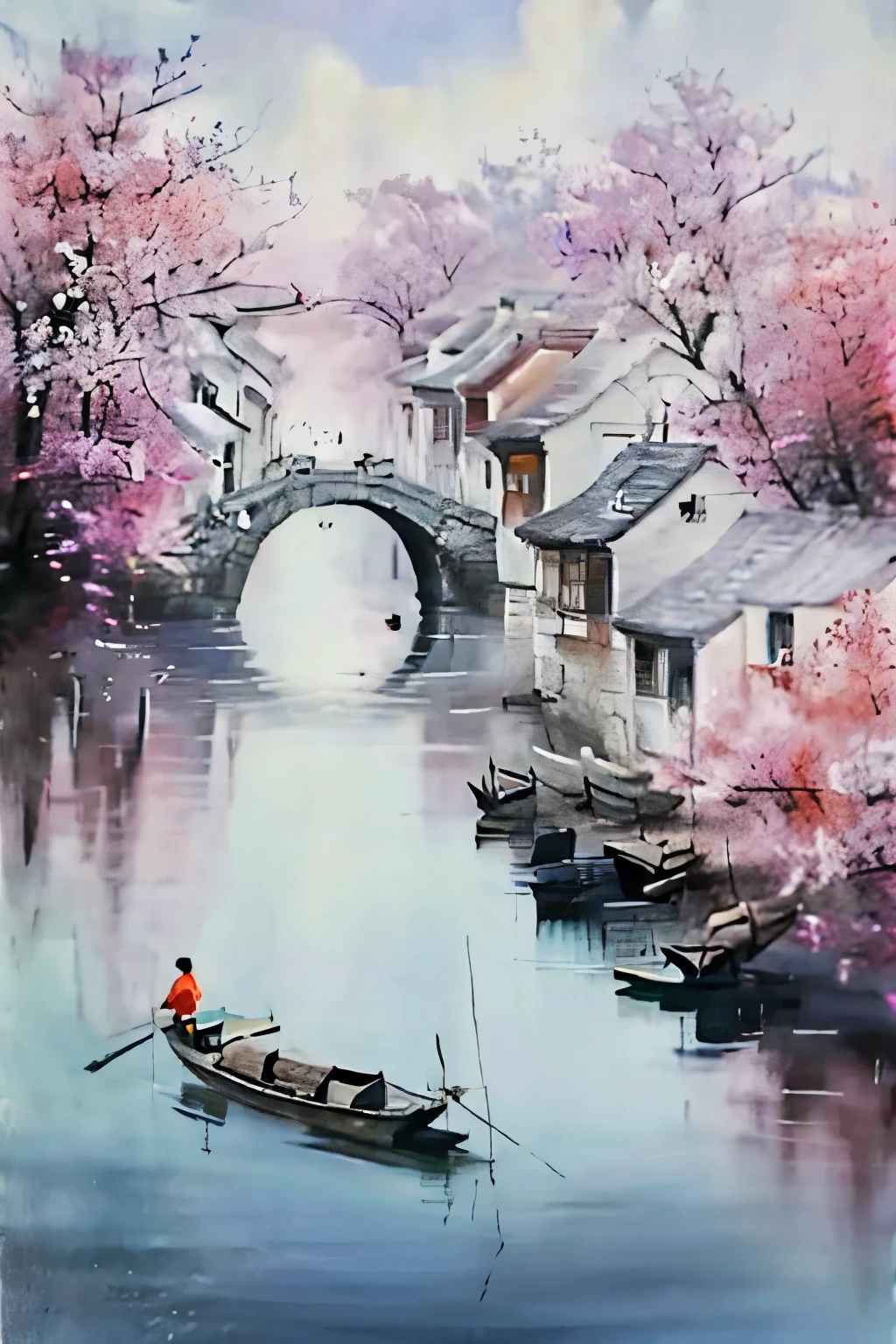 masterpiece,best quality,ultimate detail,illustrations,ultra high definition,ultra detail,8k resolution,ultra high resolution,best image quality,high detail,master's masterpiece,detailed filling,Correct scale,xiaoqiaoliushuirenjia,cherry blossoms,watercraft,architecture,east asian architecture,boat,water,scenery,tree,outdoors,bird,building,arch bridge,house,