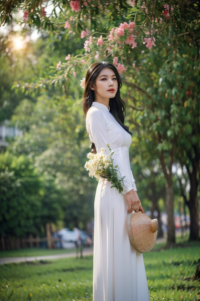 (ao dai:1.1,beautiful detailed eyes,beautiful detailed lips,extremely detailed eyes and face,long eyelashes), flower garden with vibrant colors,green grass and blooming flowers,traditional Vietnamese hat on her head,colourful butterflies and birds flying around,soft sunlight shining through the trees,delicate embroidery on the ao dai,peaceful and serene atmosphere,high-res(mega-pixel),photo-realistic style,soft and warm color tone,subtle and natural lighting