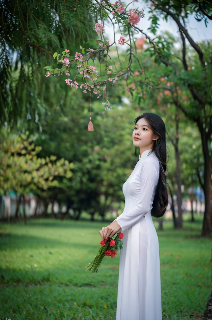 (ao dai:1.1,beautiful detailed eyes,beautiful detailed lips,extremely detailed eyes and face,long eyelashes), flower garden with vibrant colors,green grass and blooming flowers,traditional Vietnamese hat on her head,colourful butterflies and birds flying around,soft sunlight shining through the trees,delicate embroidery on the ao dai,peaceful and serene atmosphere,high-res(mega-pixel),photo-realistic style,soft and warm color tone,subtle and natural lighting