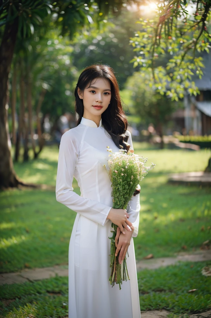 (ao dai:1.1,beautiful detailed eyes,beautiful detailed lips,extremely detailed eyes and face,long eyelashes), flower garden with vibrant colors,green grass and blooming flowers,traditional Vietnamese hat on her head,colourful butterflies and birds flying around,soft sunlight shining through the trees,delicate embroidery on the ao dai,peaceful and serene atmosphere,high-res(mega-pixel),photo-realistic style,soft and warm color tone,subtle and natural lighting