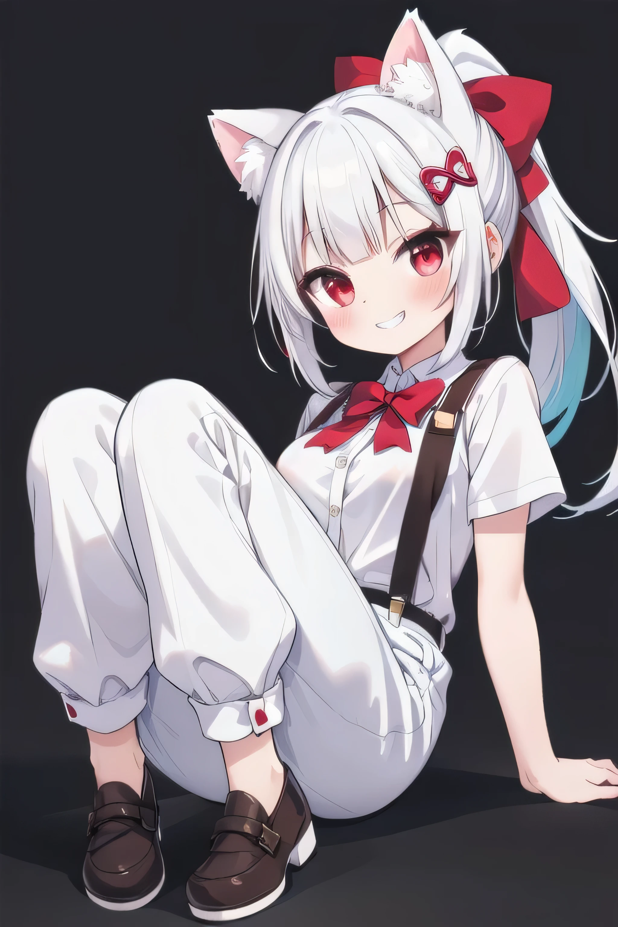 masterpiece, top quality, super detailed, CG illustration, high resolution, better lighting, best shadows, very delicate and beautiful, proper shading, hd, 8k, 1girl, solo, long hair, breasts, looking at viewer, blush, smile, bangs, simple background, shirt, hair ornament, red eyes, bow, animal ears, medium breasts, full body, white shirt, ponytail, white hair, short sleeves, hair bow, red hair, multicolored hair, shoes, collared shirt, pants, cat ears, blunt bangs, grin, animal ear fluff, buttons, brown footwear, suspenders, white bow, black background, red pants