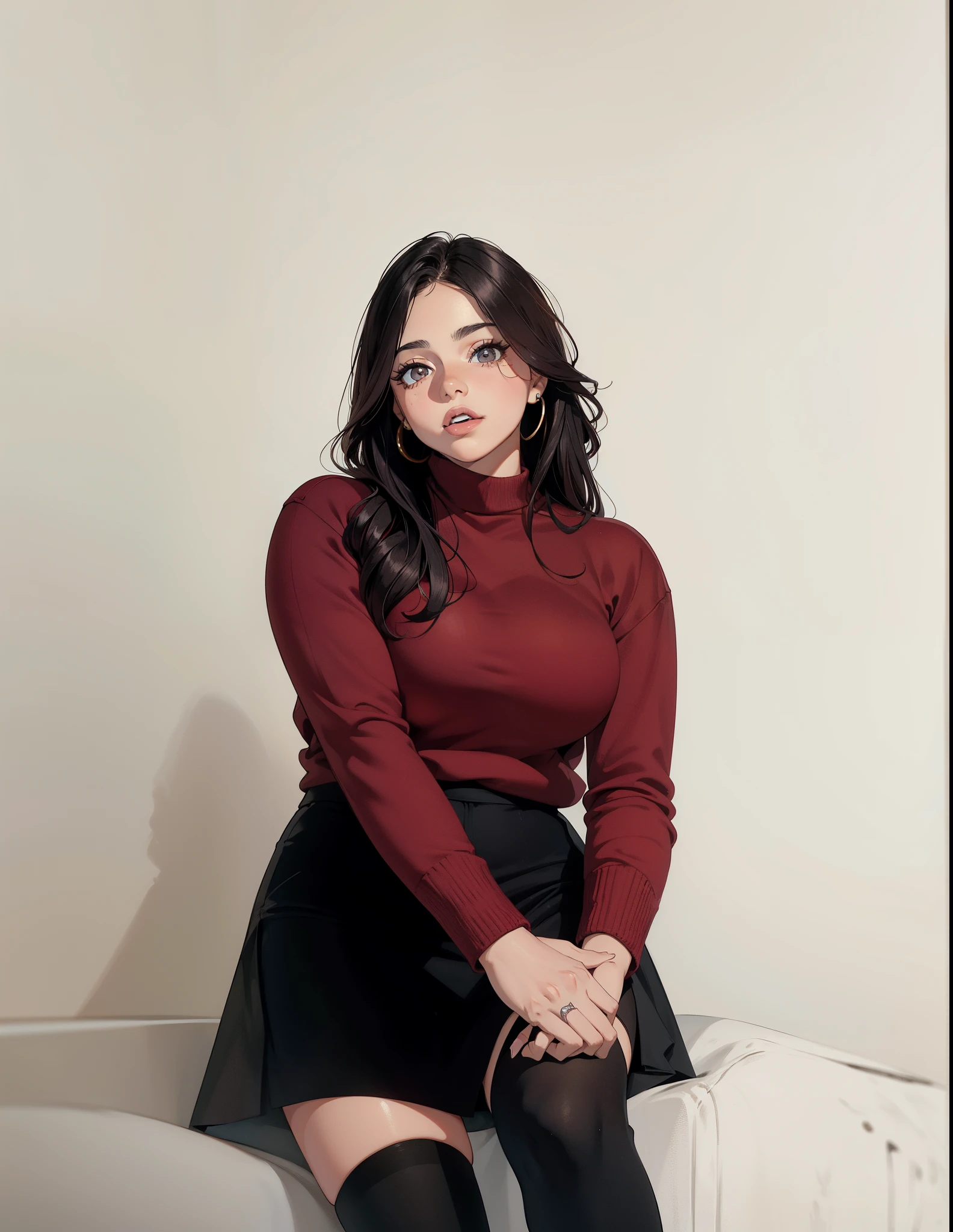 (mesa), mejor calidad, ojos expresivos, cara perfecta, adulto joven, (((((femenino))))), ojos bonitos, Brown eyes, Cabello largo y negro con flequillo tipo cortina., falda de oficina, sexy, disfraz rosa. sonrisa, lengua fuera, Cuerpo un poco gordito, labios rojos