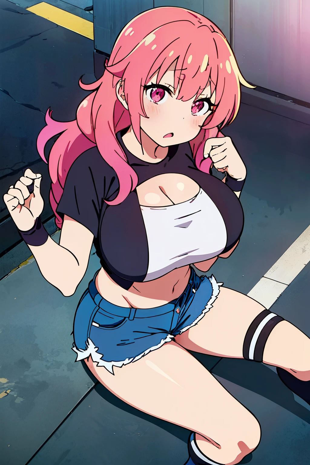 ((porn-j-cup, baka, created by gudamanga--s2, best quality:1.5, ultra high resolution, 4K, extremely detailed, exaggerated, lewd, anime style, rotated angle, focus on large breasts, black background, highlighted cleavage, oversized nipples, pink blush on cheeks, teasing expression, pink hair with choppy bangs, thin waist, oversized yellow shirt with a black outline, exposed midriff, denim shorts, cute socks,  accessories, playful and provocative tone, overall an exaggerated and suggestive depiction of a "baka" or foolish character, designed to appeal to adult audiences.