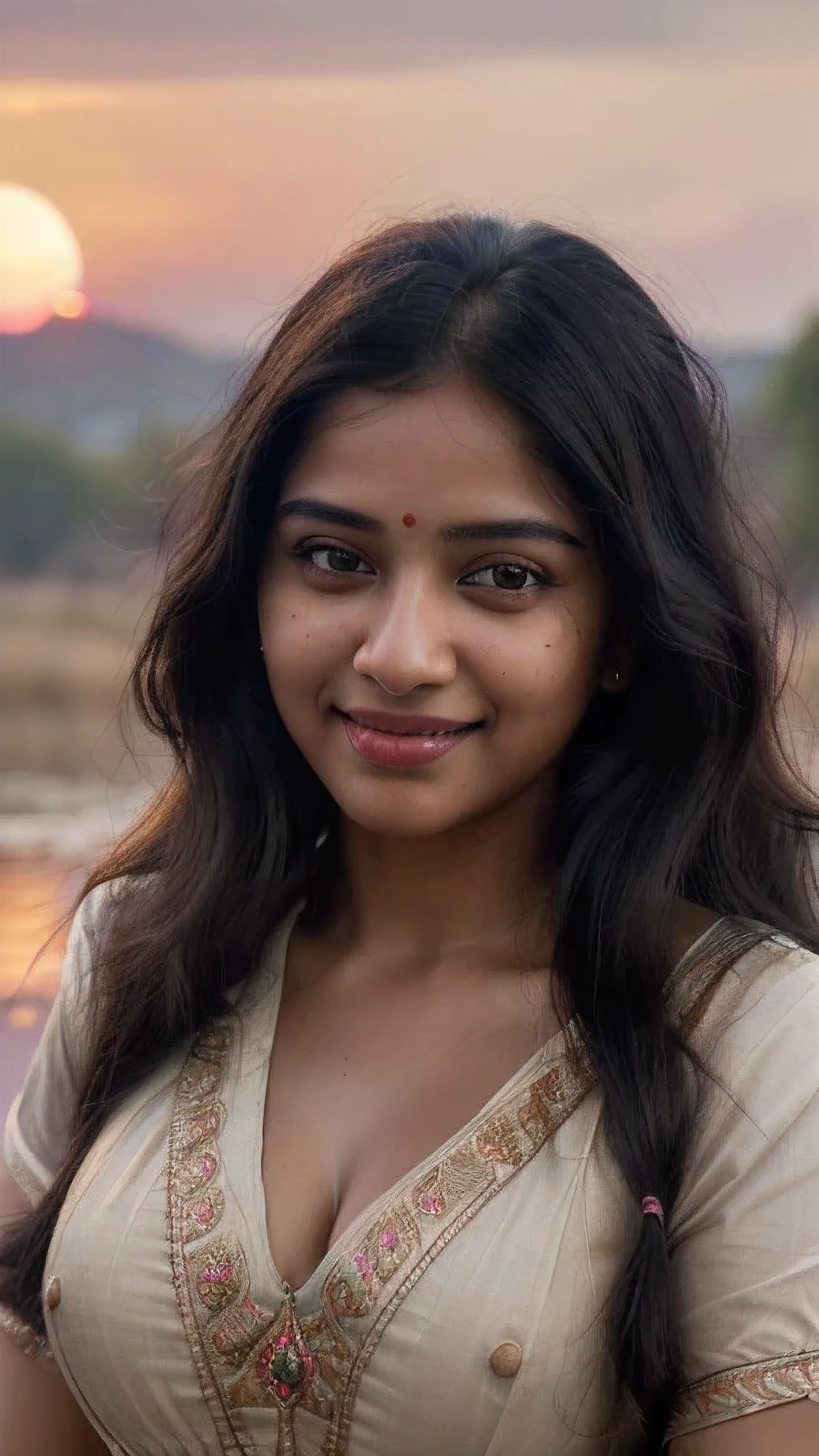 (best quality,4k,8k,highres,masterpiece:1.2),ultra-detailed,realistic,A beautiful Indian girl,cute smile,detailed eyes,beautiful detailed lips,Western wear,long black hair,Sunset,soft lighting,vivid colors