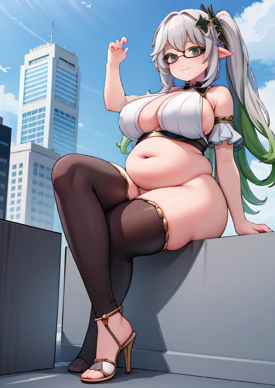 (masterpiece, best quality, highly detailed), 1girls, big belly, huge belly, art by kipteitei, round belly, chubby, curvy, belly grab, enormous belly, fat belly, thicc, bigger belly, really big belly, jiggly belly, glasses, thighhighs, smug face, sitting, high heels, ((full body)), ((dominant)), (giantess)