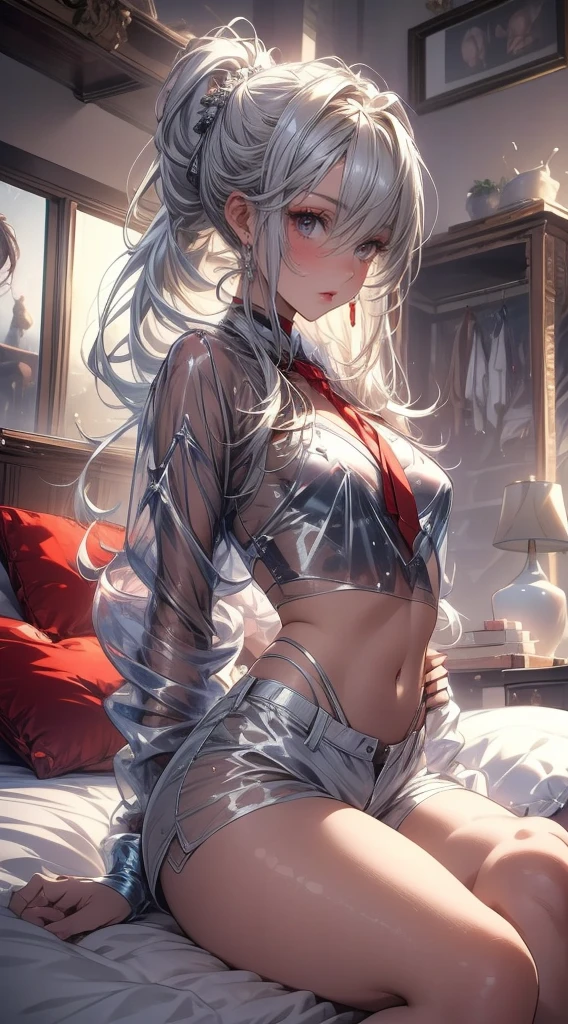 masterpiece,top quality,1 cute girl,very transparent sparked tyte-fitting sheer white lingerie,silber long ponytail hair,sitting bed,slim west,ultra biggest large brest,fashion model pose,red tieek,open mouth,looking shorts,Squeeze the ,big open legs,