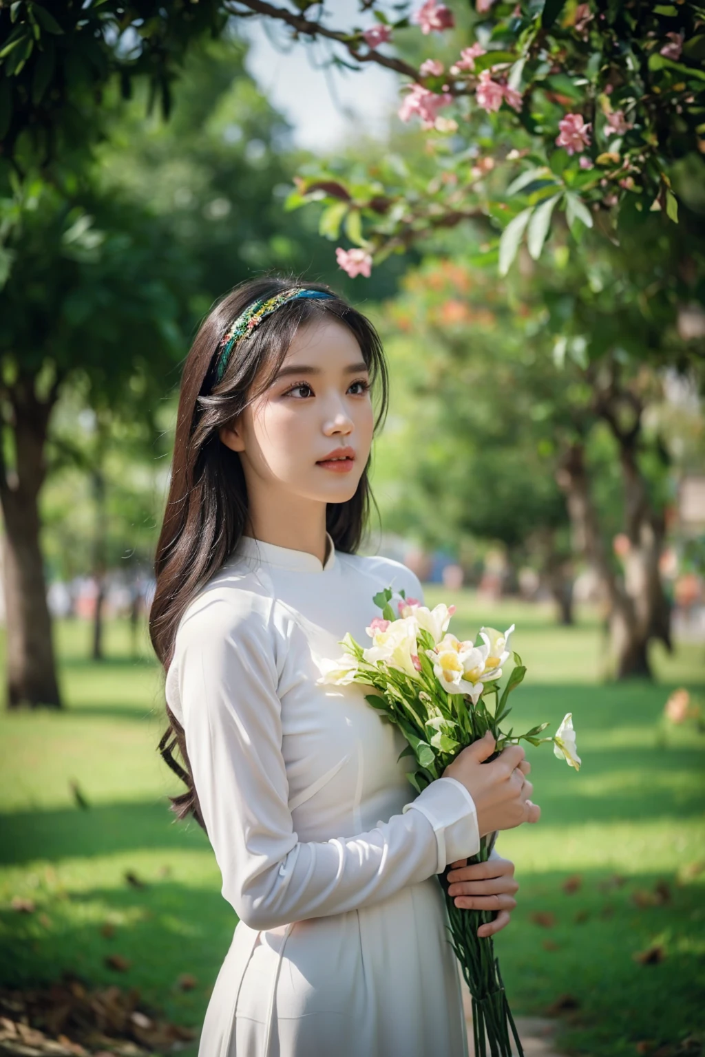 (pink ao dai:1.1,beautiful detailed eyes,beautiful detailed lips,extremely detailed eyes and face,long eyelashes), flower garden with vibrant colors,green grass and blooming flowers,traditional Vietnamese hat on her head,colourful butterflies and birds flying around,soft sunlight shining through the trees,delicate embroidery on the ao dai,peaceful and serene atmosphere,high-res(mega-pixel),photo-realistic style,soft and warm color tone,subtle and natural lighting